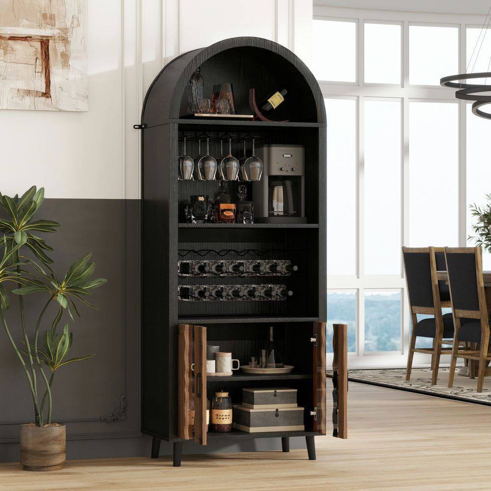 Alt View 6. Kadyn - 71-Inch Farmhouse Arched Wine Bar Cabinet with Glass Holder - Black/Natural - Black.