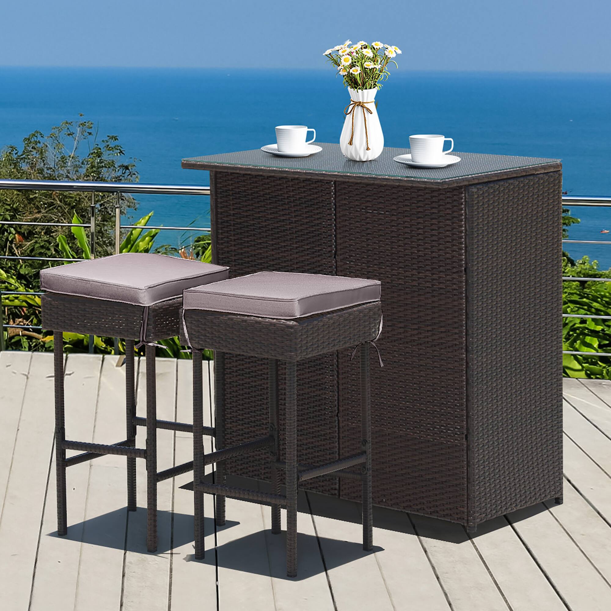 Alt View 7. Costway - Patio 3PCS Rattan Bar Table Stool Set Cushioned Chairs with Cover - brown/gray/off white.