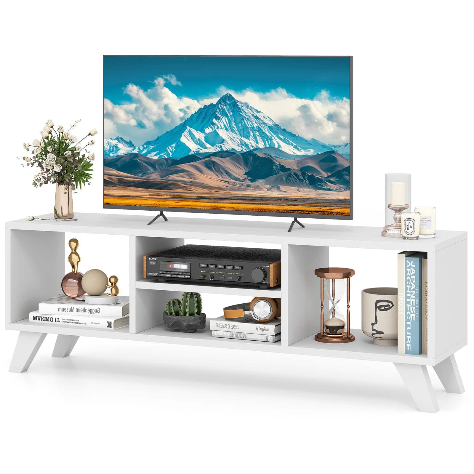 Ecooso - Media TV Console Table with Raised Support Legs and Open Storage - White