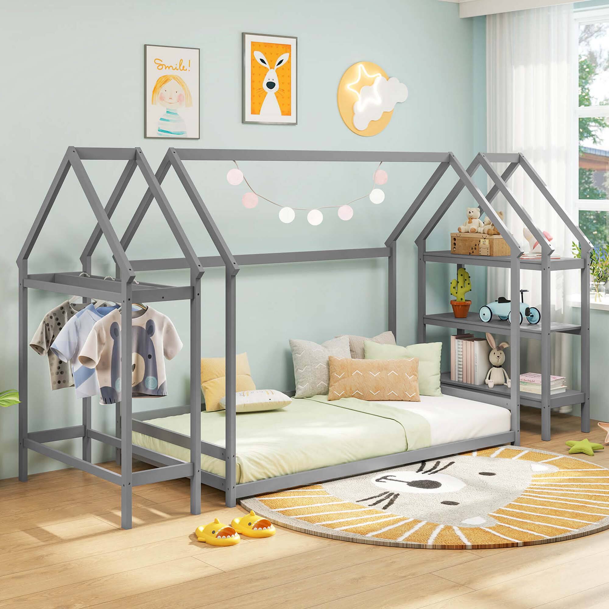 Back. Costway - Twin Size House Bed Montessori Floor Bed with Detachable Storage Shelves - Gray.