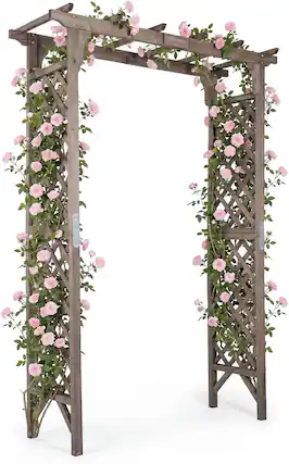 Front. Gymax - Gymax Flat Top Garden Arch Trellis 85'' Tall Wood Garden Archway Gate for Plants - Brown.