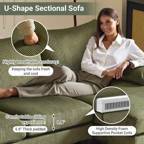 U-Shape Sectional Sofa

- Highly breathable corduroy: Keeping the sofa fresh and cool
- Comfortable sitting experience: 5.9" Thick padded
- High Density Foam Supportive Pocket Coils