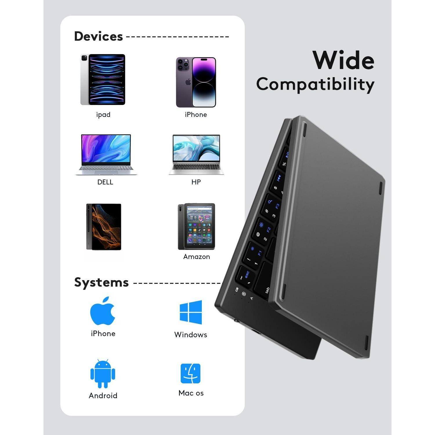 Devices:
- iPad
- iPhone
- Dell
- HP
- Amazon

Systems:
- iPhone
- Windows
- Android
- Mac OS

Wide Compatibility