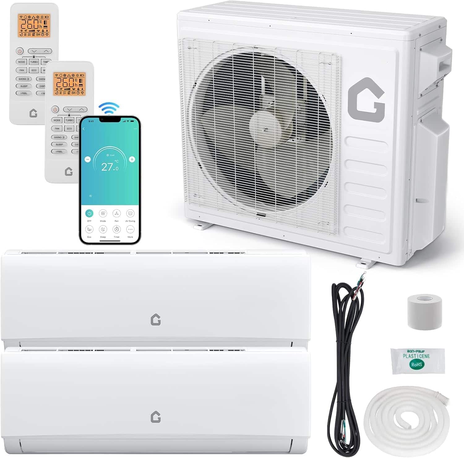 Babevy - 20000 BTU Two-Zone Mini Split AC/Heater, 20 SEER2 208/230V WiFi R454B (12K+9K BTU),