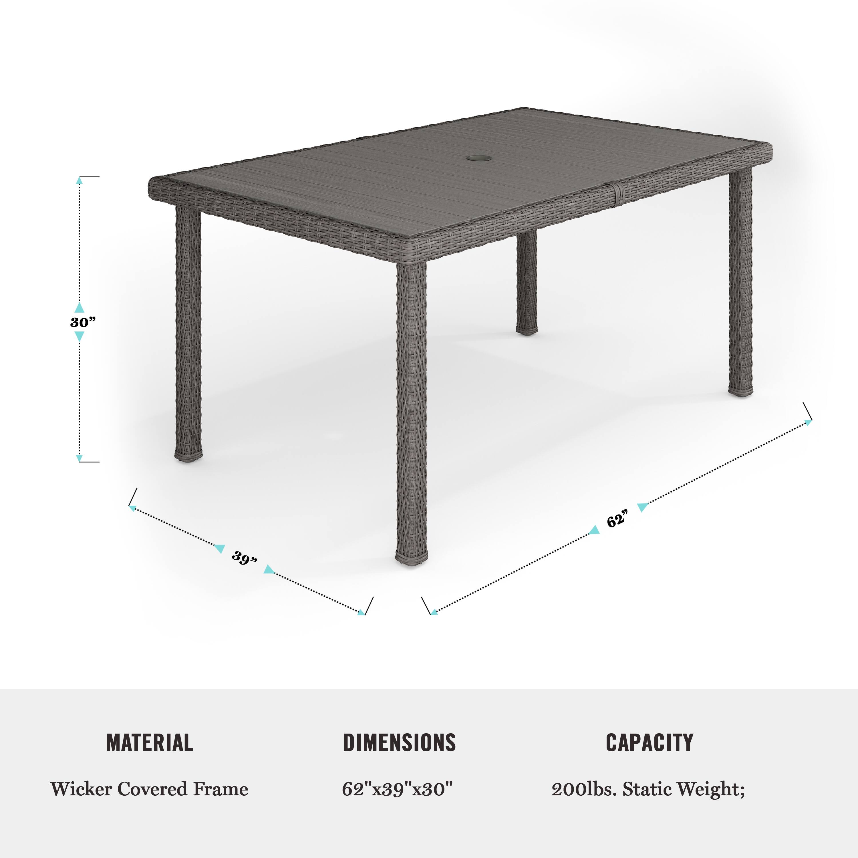 The image shows a table with a wicker-covered frame, dimensions of 62"x39"x30". The table has a capacity of 200lbs. static weight.