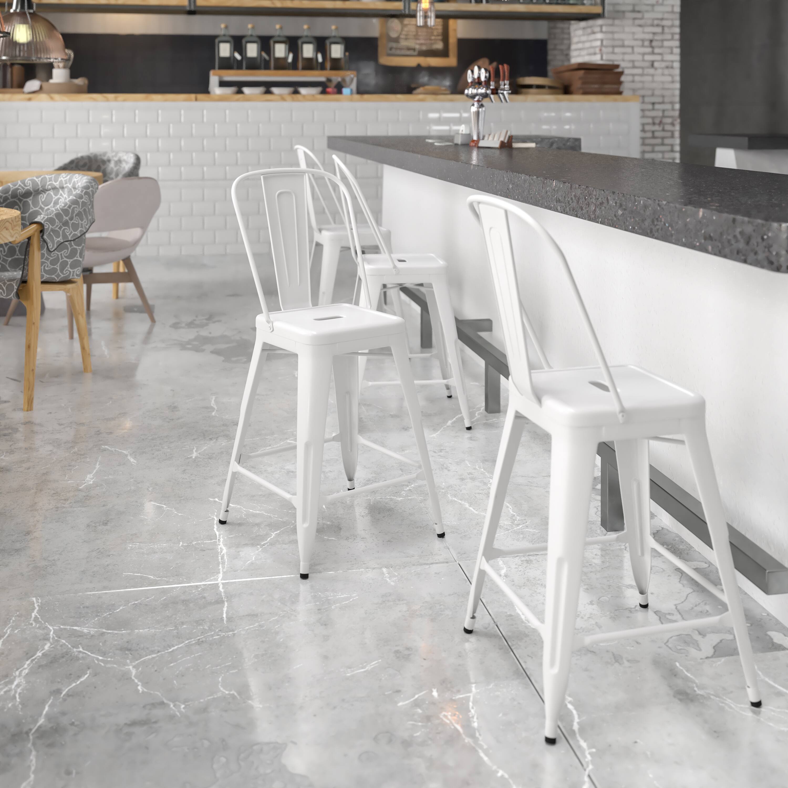 Alt View 1. Emma + Oliver - Commercial Grade 24"H Colorful Metal Indoor-Outdoor Counter Stool with Back - White.
