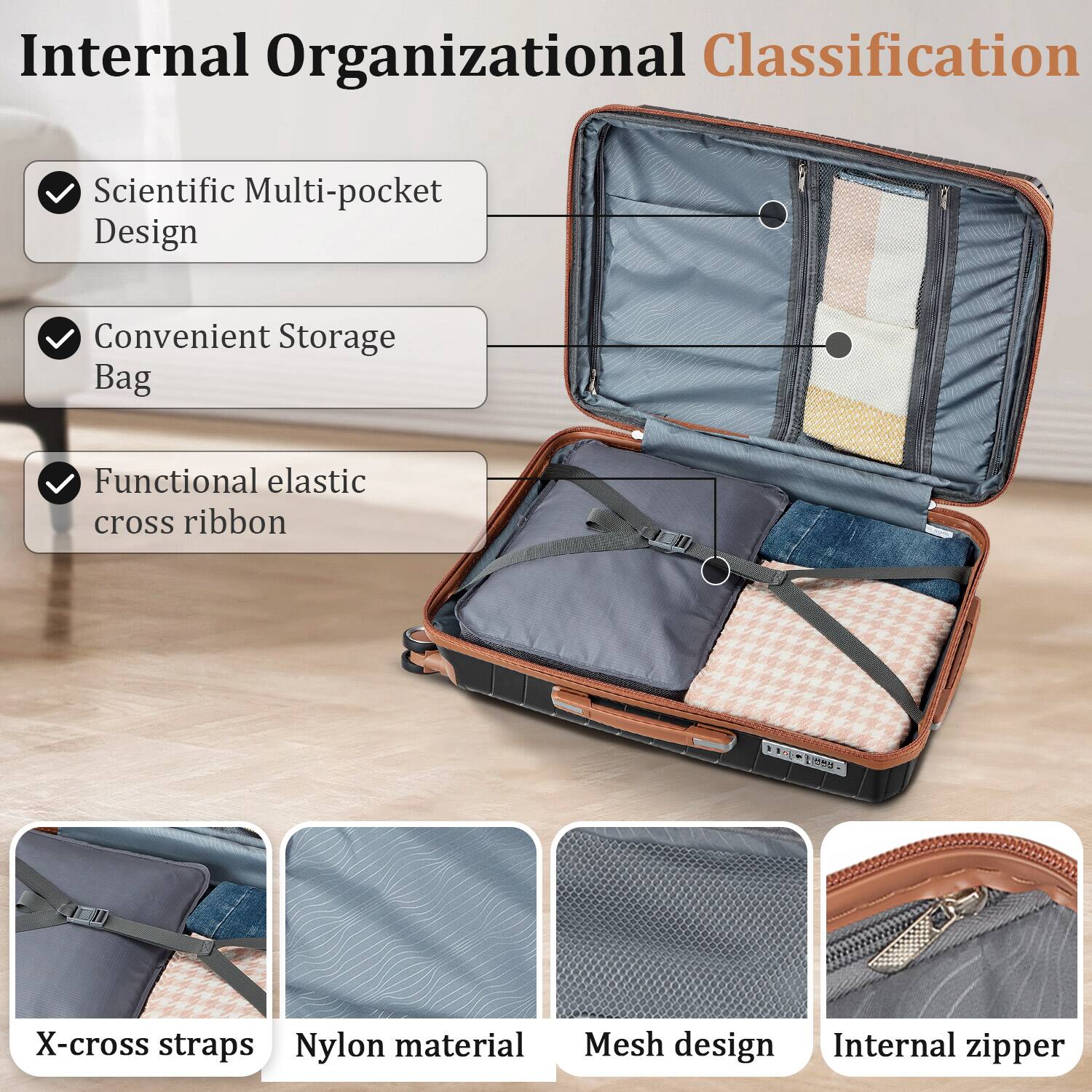 Internal Organizational Classification

- Scientific Multi-pocket Design
- Convenient Storage Bag
- Functional elastic cross ribbon

X-cross straps
Nylon material
Mesh design
Internal zipper