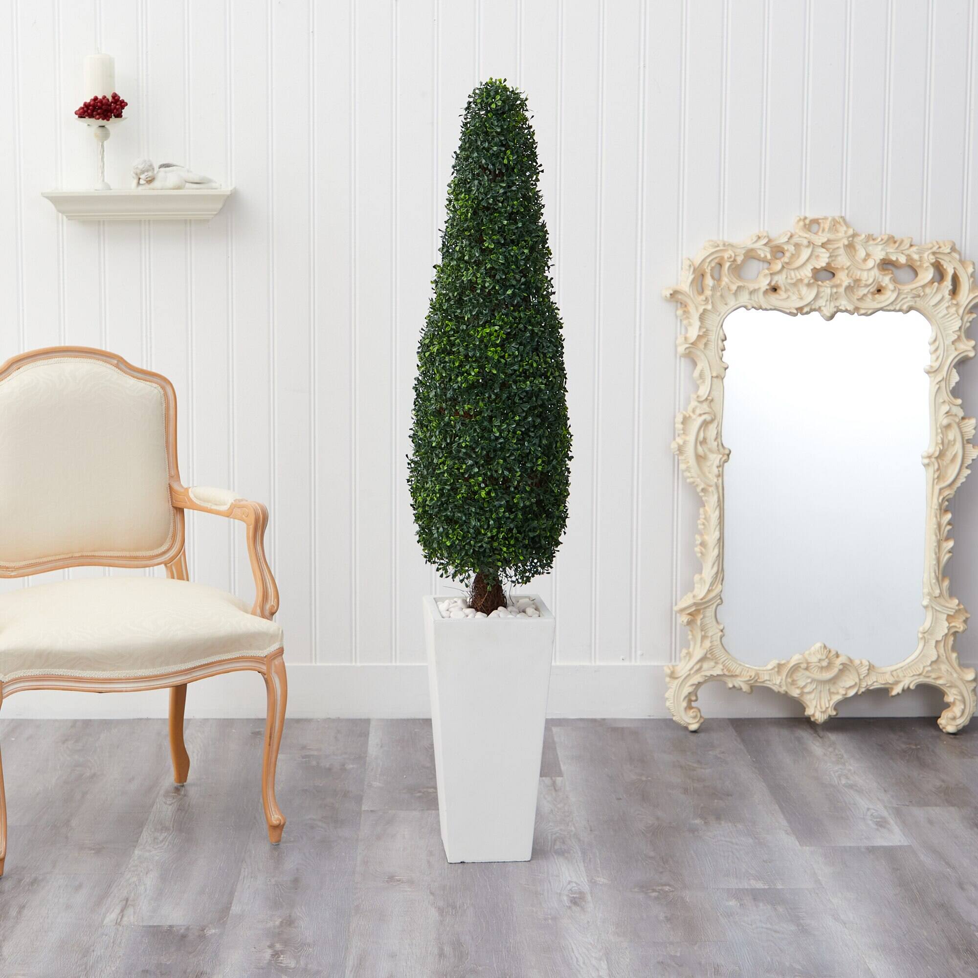 Left. BreeBe - 63" Boxwood Topiary Tree in Tall Planter UV (Indoor/Outdoor) - Green.