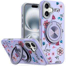 Kitcheniva - Decorative 360 Rotating Ring Stand Phone Case With Tempered Glass For iPhone 16 6.1 Inch Garden - Purple