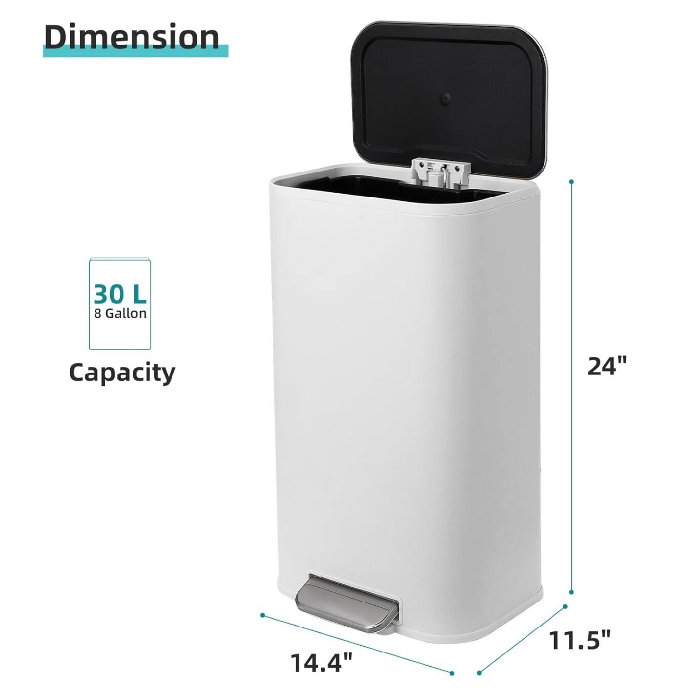 Dimension  
Capacity: 30 L (8 Gallon)  
Dimensions: 24" x 14.4" x 11.5"