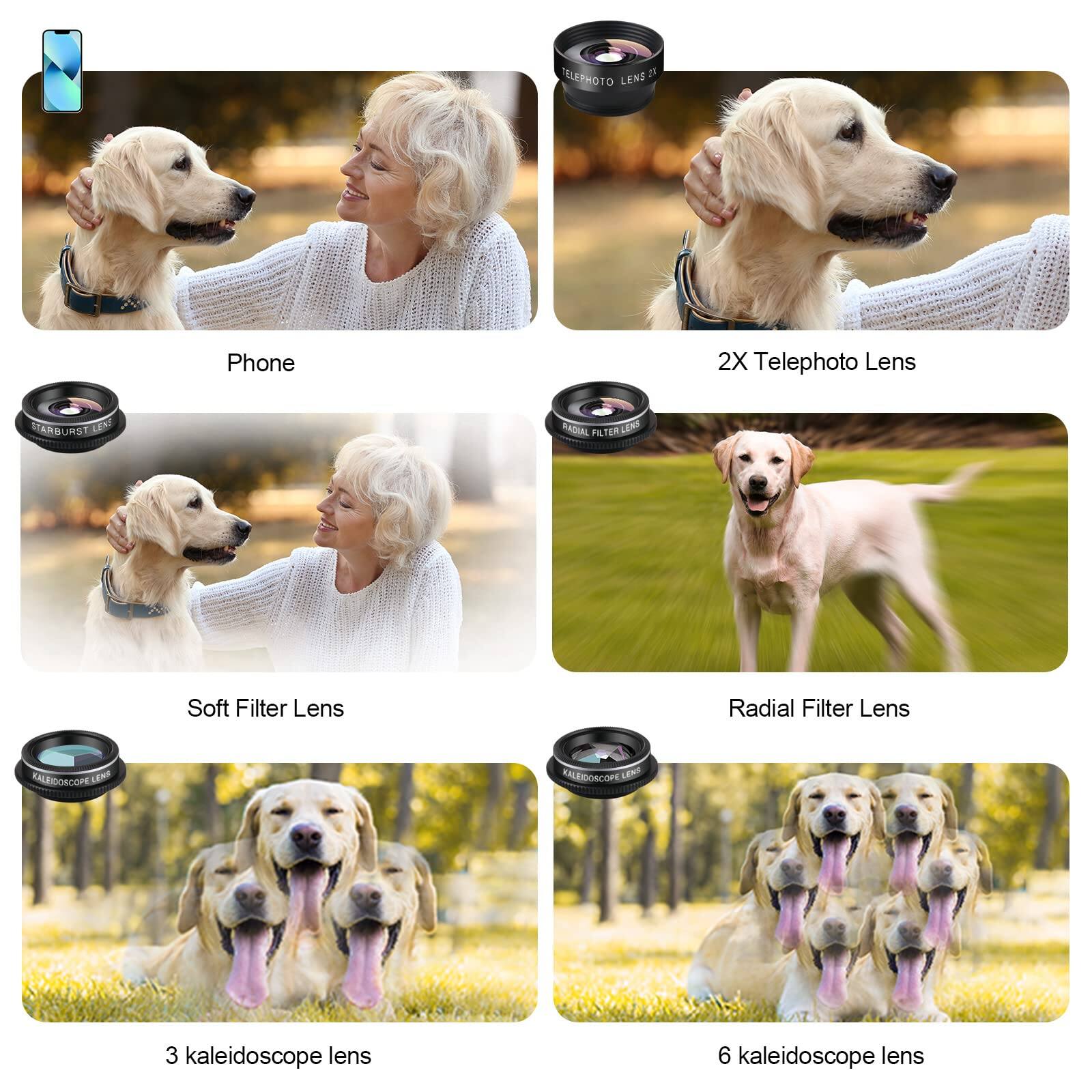 - Phone
- 2X Telephoto Lens
- Soft Filter Lens
- Radial Filter Lens
- 3 kaleidoscope lens
- 6 kaleidoscope lens