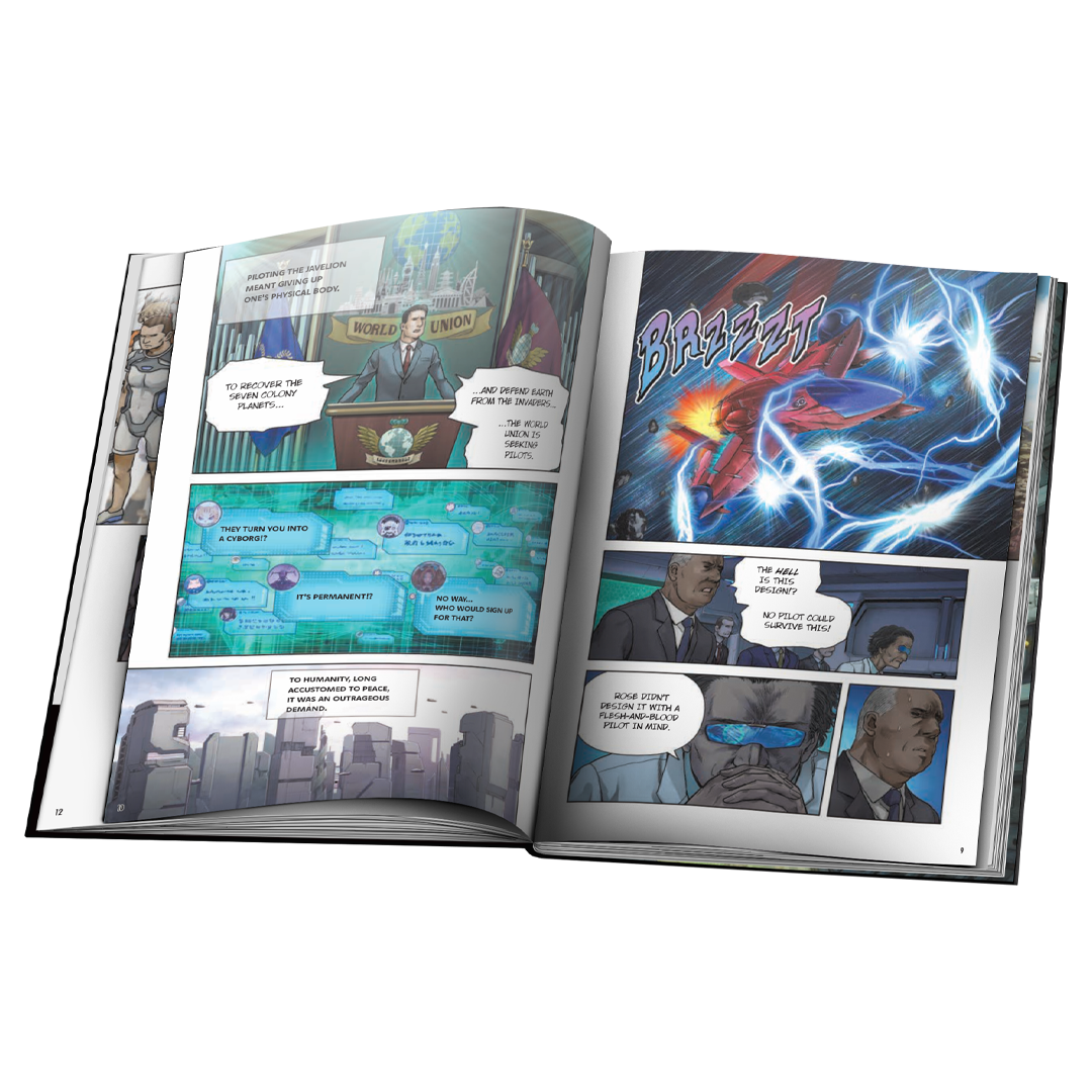 Sure, here is the corrected and grouped text from the image:

---

**Page 12**

**Left Panel:**

- **Top Text:**
  - "HOTTING THE JAVELIN MISSION GIVING UP ONE'S PHYSICAL BODY."

- **Middle Text:**
  - "TO RECOVER THE SEVEN COLONIES FROM THE INVASION."

- **Bottom Text:**
  - "AND DEFEND EARTH FROM THE INVASION."

- **Speech Bubbles:**
  - "THE WORLD UNION IS LOOKING FOR PILOTS."
  - "IT'S PERMANENT!"
  - "NO ONE WOULD SIGN UP FOR THAT!"

**Middle Panel:**

- **Text:**
  - "THEY TURN YOU INTO A CYBORG!"

**Bottom Panel:**

- **Text:**
  - "TO HUMANITY, LONG ACCUSTOMED TO PEACE, A DEMAND SO OUTRAGEOUS."

**Right Panel:**

- **Top Text:**
  - "THE HELL ARE THEY THINKING? NO ONE CAN SURVIVE THIS!"

- **Bottom Text:**
  - "ROSE DIDN'T DECIDE IT WITH A PILOT IN MIND."

**Page 13