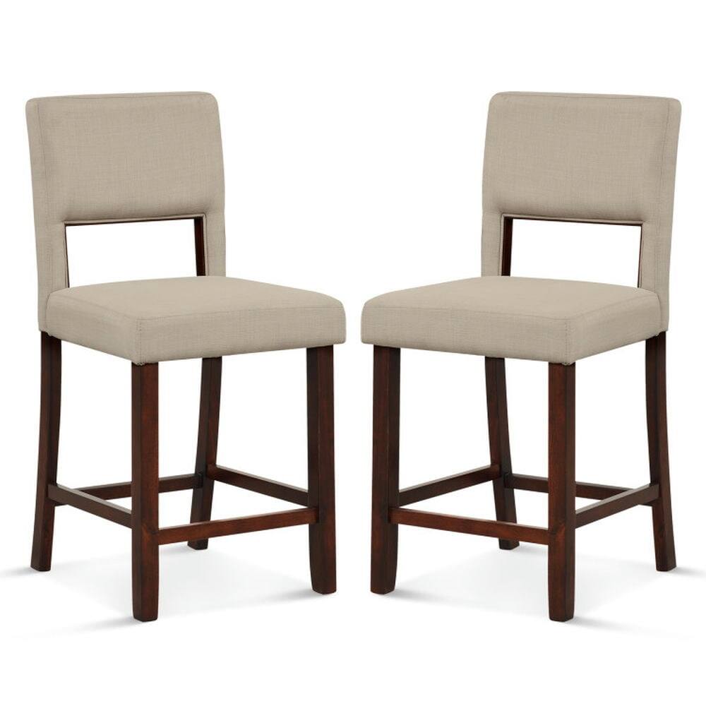 Front. Kadyn - 2 Pc Bar Chair Set with Hollowed Back and Rubber Wood Legs-Beige, for Kitchen Island - Brown.