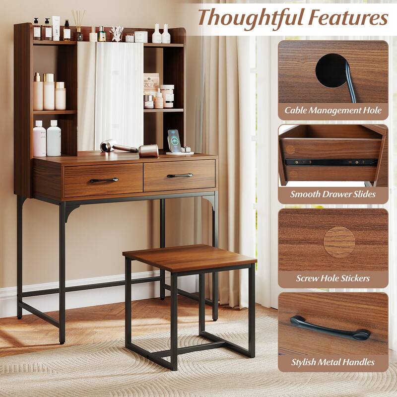 Thoughtful Features

- Cable Management Hole
- Smooth Drawer Slides
- Screw Hole Stickers
- Stylish Metal Handles