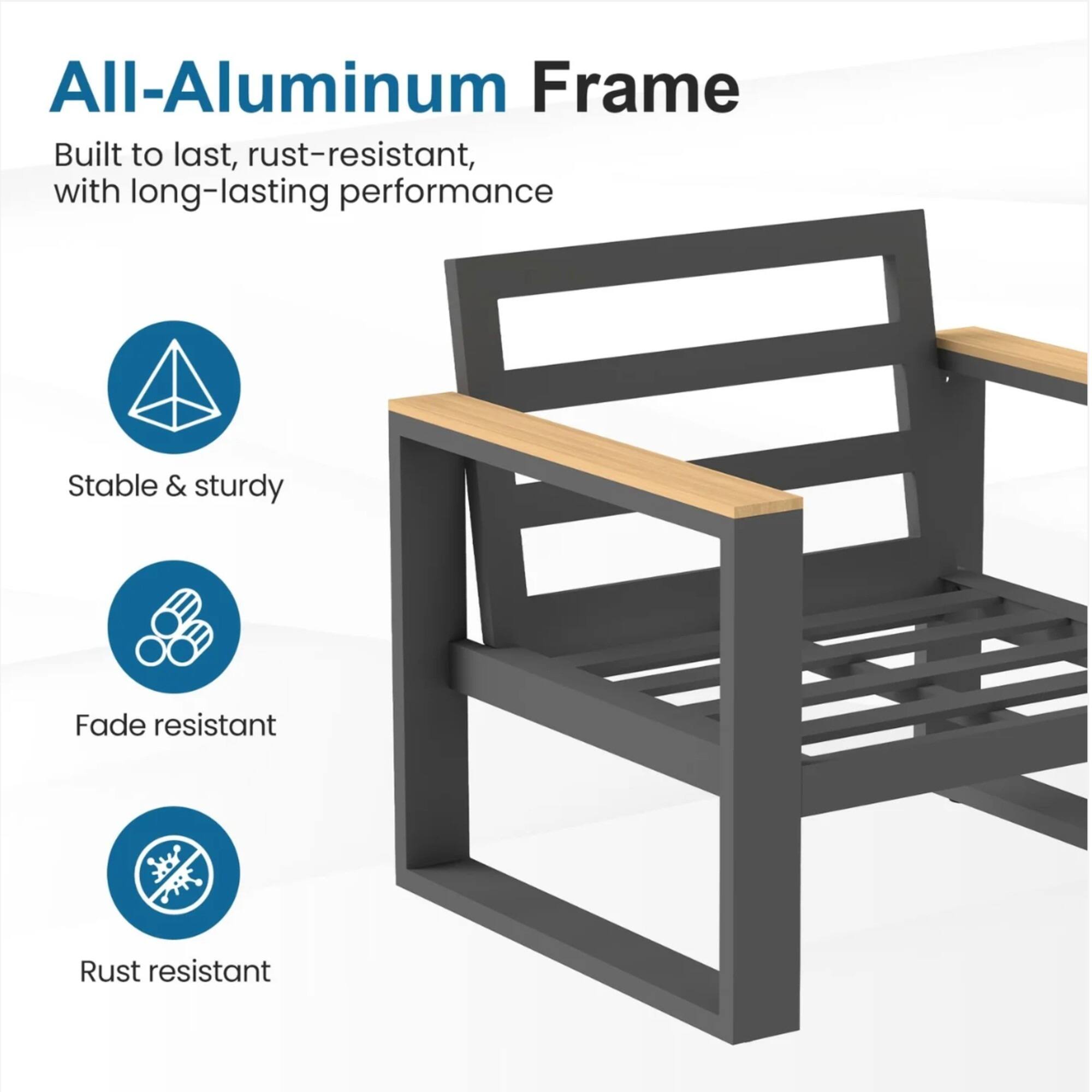 All-Aluminum Frame  
Built to last, rust-resistant, with long-lasting performance  

- Stable & sturdy  
- Fade resistant  
- Rust resistant