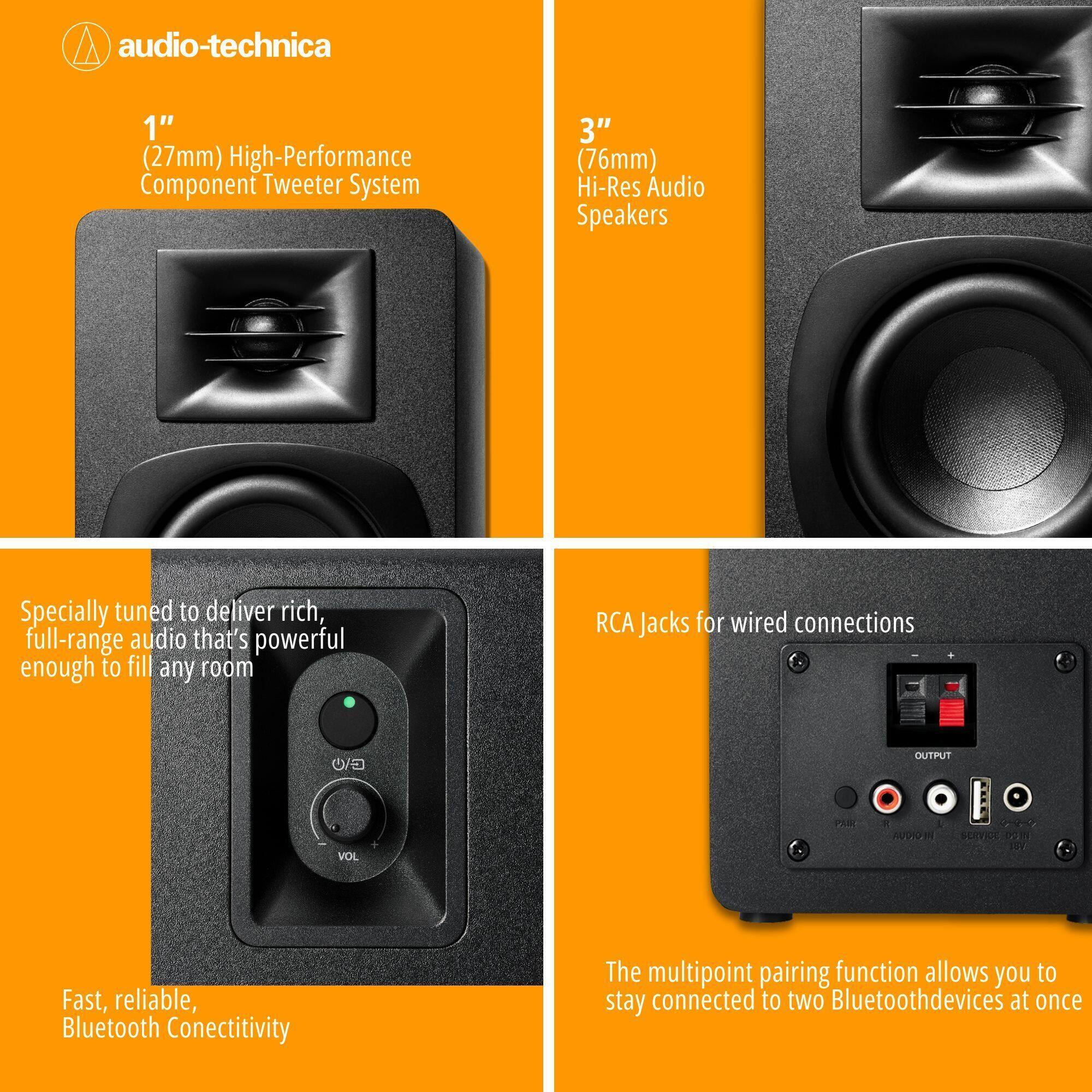 The image features a comparison of four different audio-technica speakers, each with varying sizes and features. The first speaker is a 1" (27mm) high-performance component tweeter system, while the second speaker is a 3" (76mm) hi-res audio speaker. The third speaker is a 3" (76mm) speaker with a built-in amplifier, and the fourth speaker is a 3" (76mm) speaker with a built-in amplifier and Bluetooth connectivity. All of these speakers are designed to deliver rich, full-range audio that's powerful enough to fill any room. The speakers also feature RCA jacks for wired connections and a 3.5mm output for connecting to additional devices. Additionally, the speakers offer fast, reliable Bluetooth connectivity, and the multipoint pairing function allows you to stay connected to two Bluetooth devices at once.