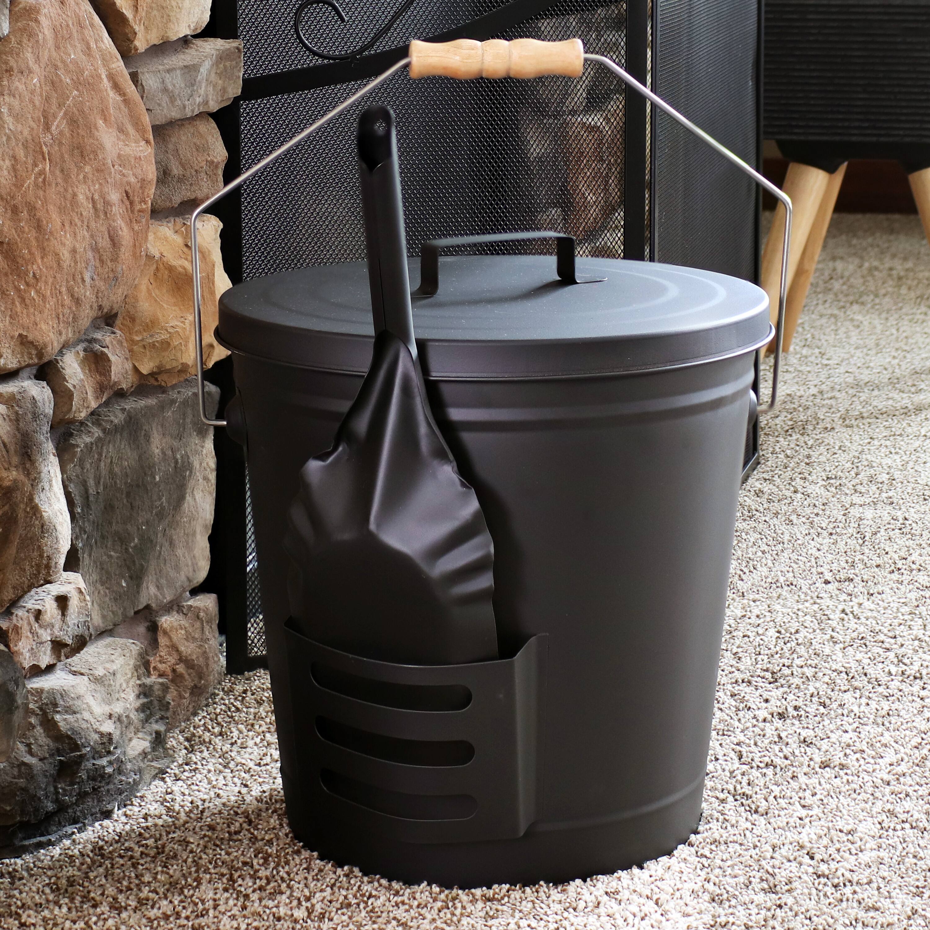 Alt View 4. Sunnydaze - Powder-Coated Steel Fireplace Ash Bucket with Lid, Shovel, Brush - Black.