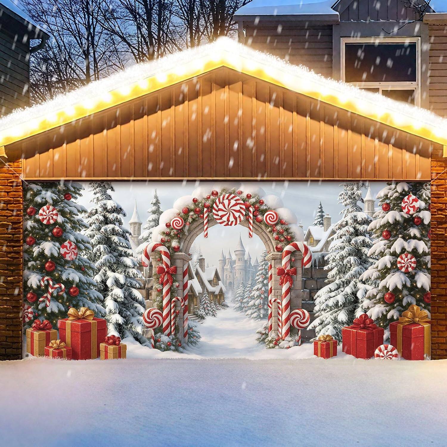 Front. PARKER SLATER - 7x16-Ft Christmas Candy Cane Garage Door Banner – Outdoor Holiday Decor - Candy Cane.