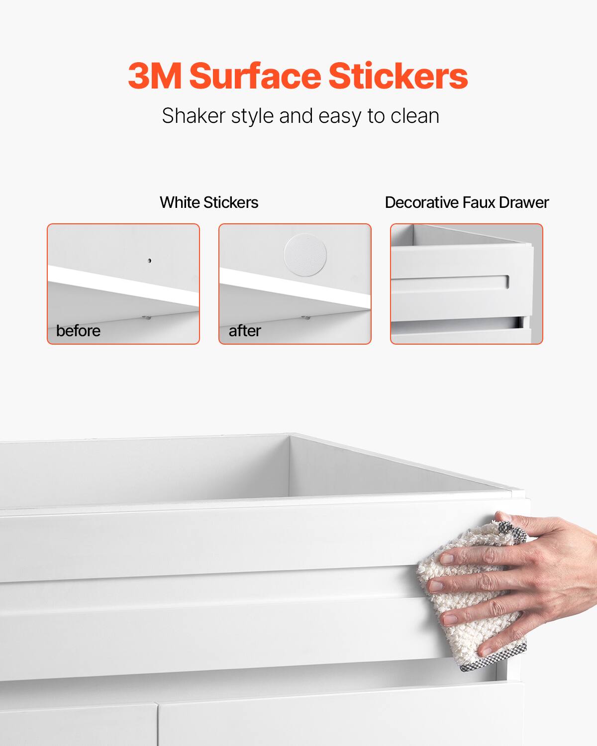 3M Surface Stickers  
Shaker style and easy to clean  

White Stickers  
before  
after  

Decorative Faux Drawer