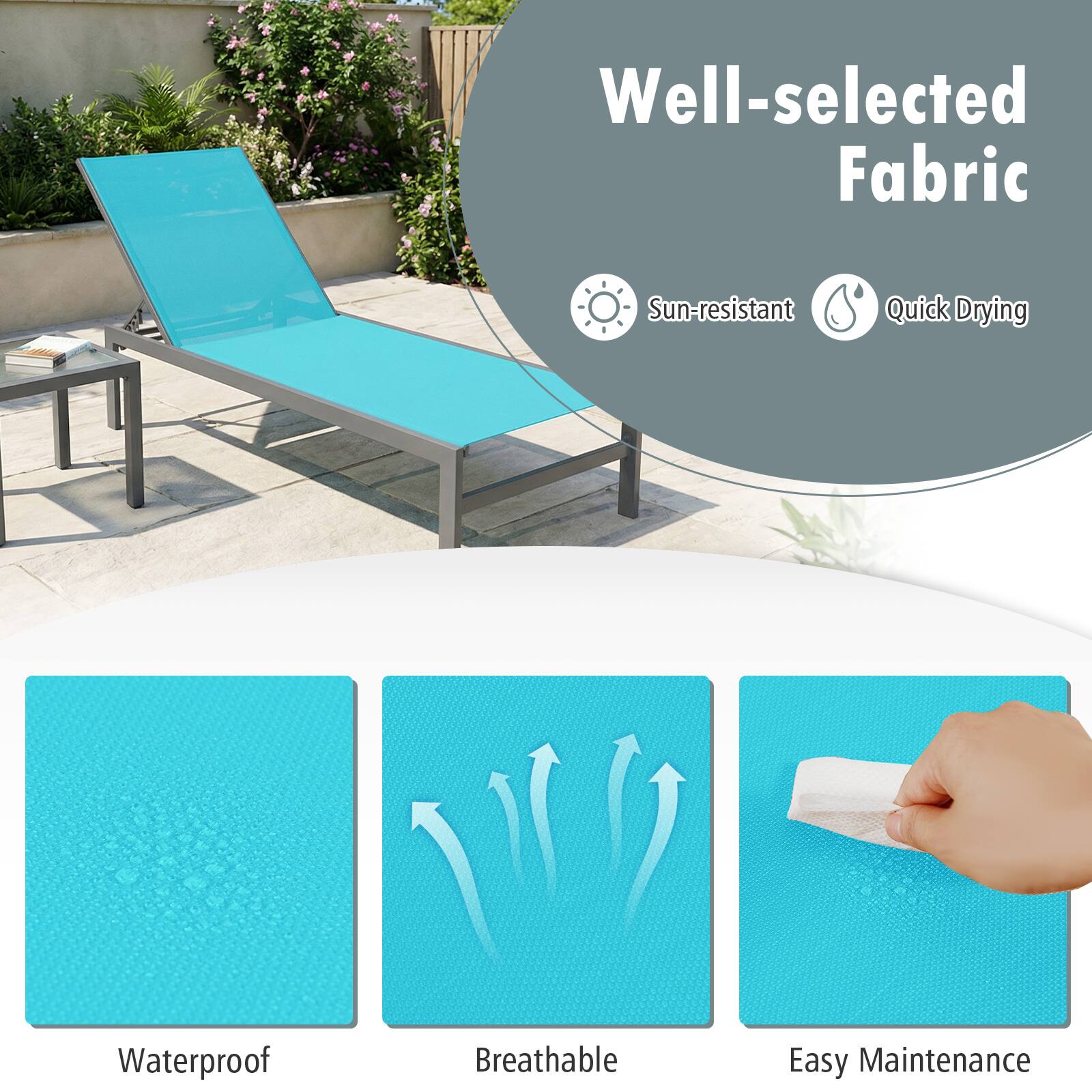 Well-selected Fabric  
Sun-resistant  
Quick Drying  
Waterproof  
Breathable  
Easy Maintenance