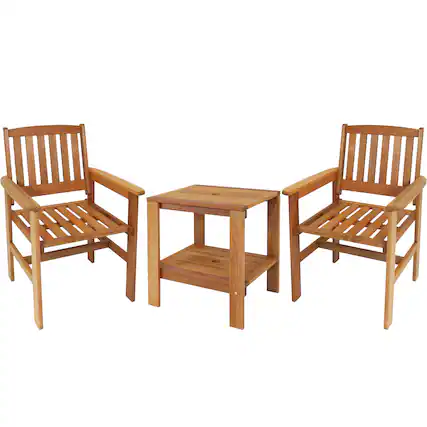 Front. Sunnydaze - Meranti Wood 3-Piece Patio Conversation Set with 2 Chairs - Brown.