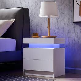 Chateau Abodes - LED Nightstand, Modern Bedside Table with 2 Drawers & Cabinet Lights for Bedroom, 13x19x20 Inches - White