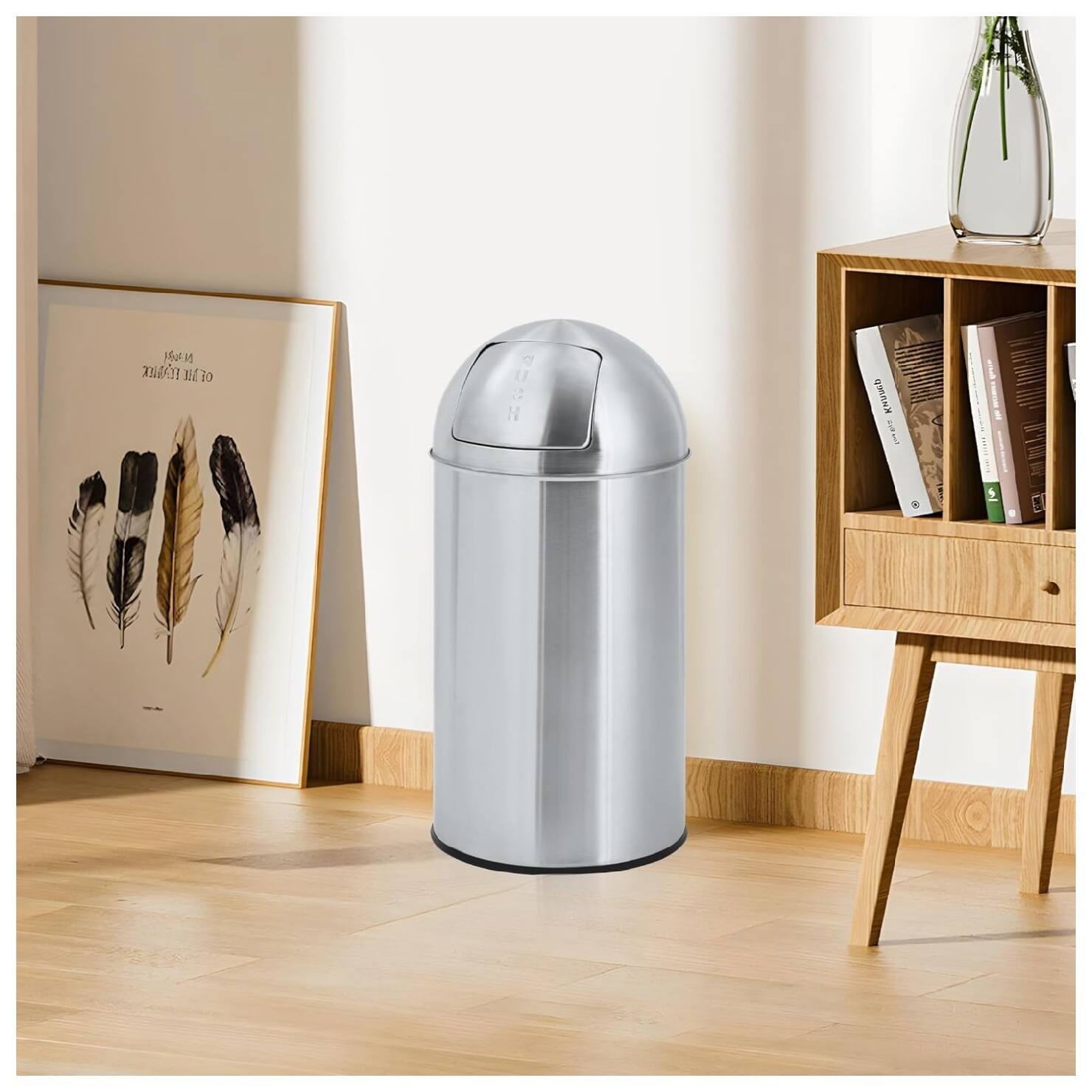 Angle. GARVEE - Heavy Duty Commercial/Kitchen Trash Can, 50L Fingerprint-Proof, Stainless Steel Garbage Can - Silver.