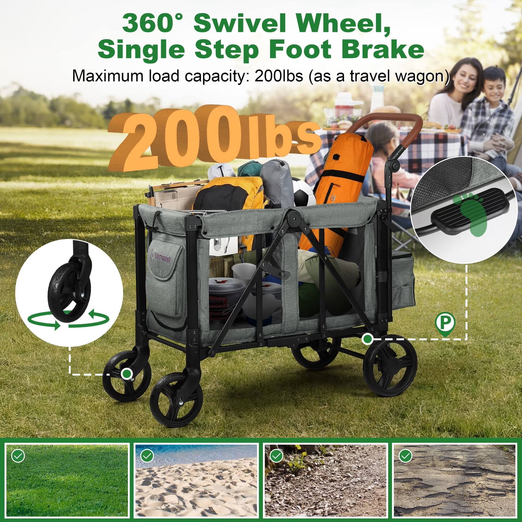 360° Swivel Wheel, Single Step Foot Brake  
Maximum load capacity: 200lbs (as a travel wagon)  
200lbs