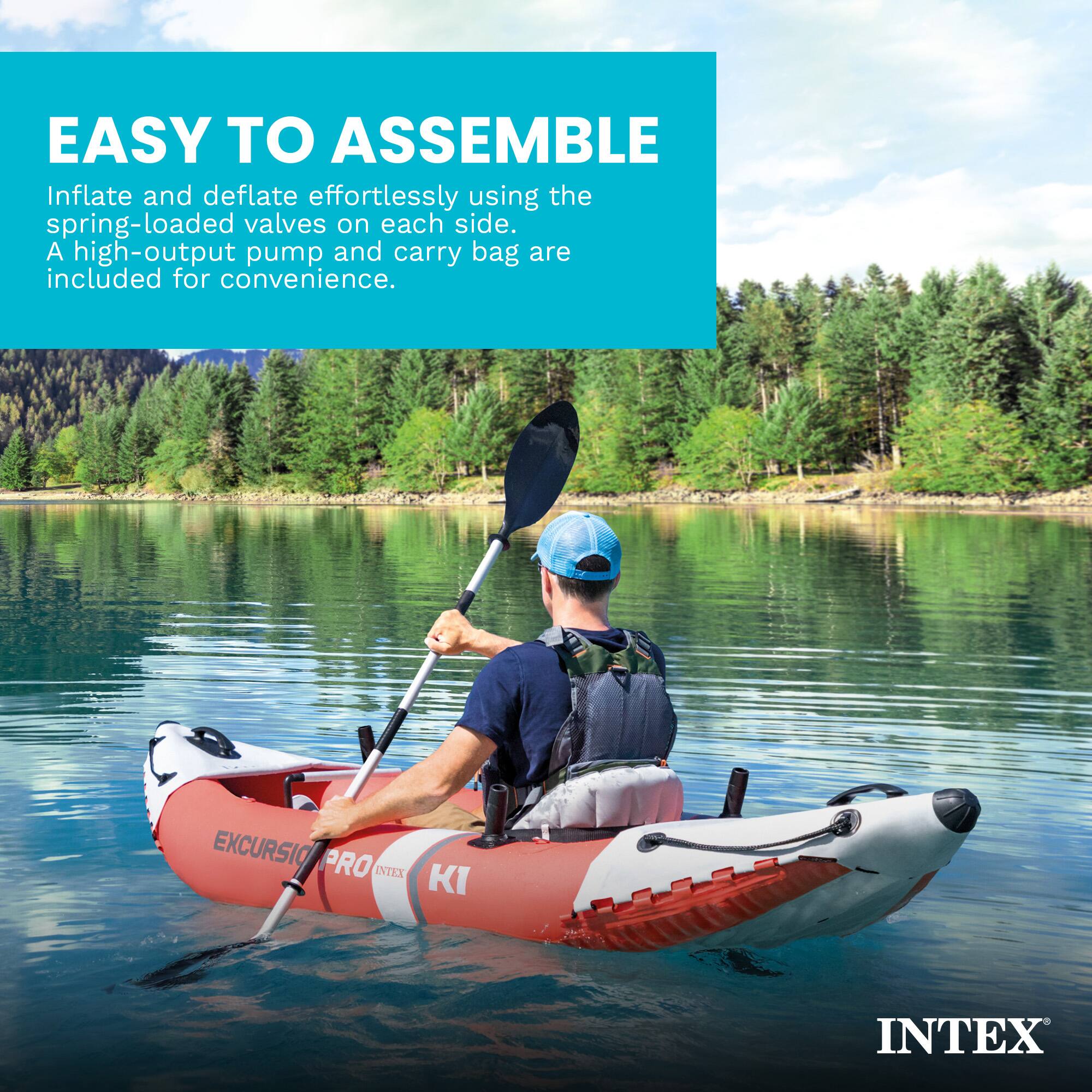EASY TO ASSEMBLE  
Inflate and deflate effortlessly using the spring-loaded valves on each side. A high-output pump and carry bag are included for convenience.  

EXCURSION PRO INTEX KI