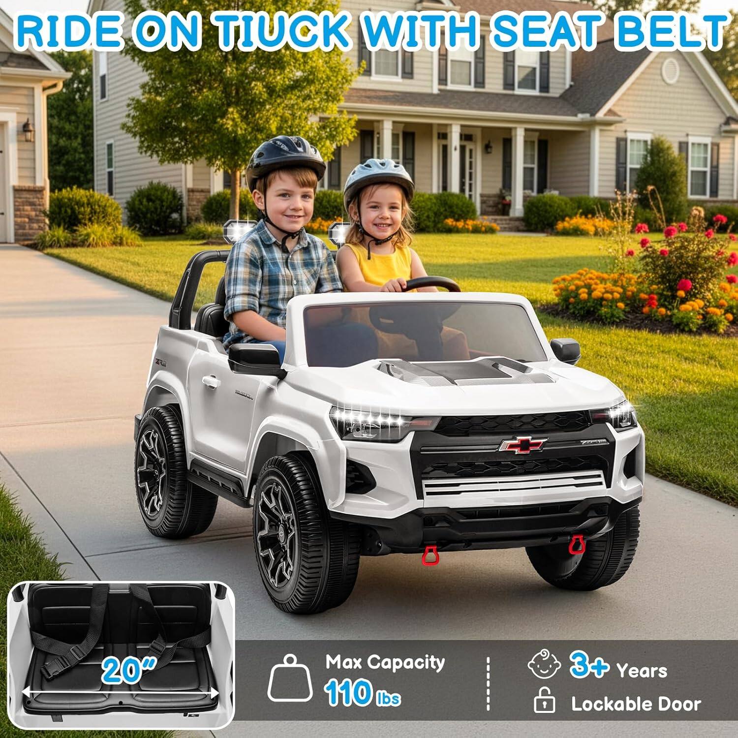 RIDE ON TIUCK WITH SEAT BELT  
20"  
Max Capacity 110 lbs  
3+ Years  
1 Lockable Door
