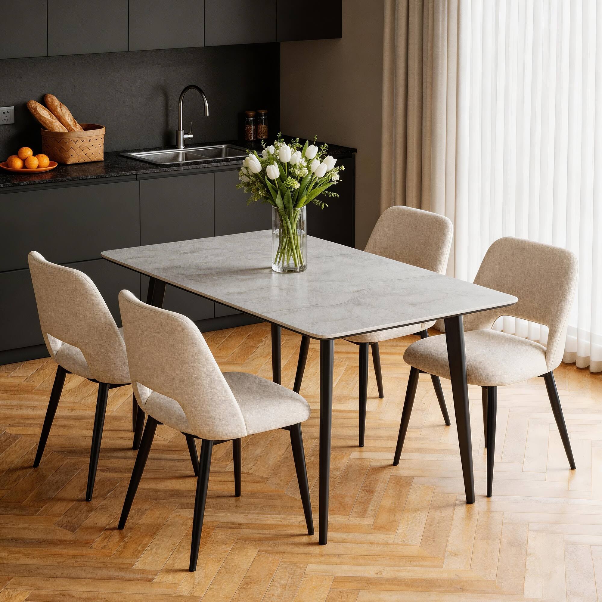 Alt View 3. KERDOM - 2pcs Classic Dining Chairs, Fabric Padded Restaurant Chairs with Back, Armless Kitchen Chairs Space Saving, Accent Chair - Beige.