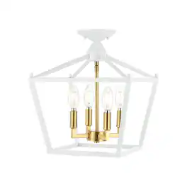Jonathan Y - Plains 12" 4-Light Modern Farmhouse Metal Open-Frame Pagoda LED Semi Flush Mount Mini Lantern - White/Brass Gold