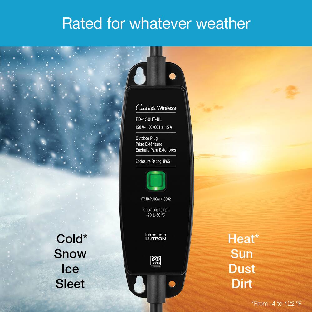 Rated for whatever weather, the Casfa Wireless PD-150UT-BL is a 120V-50/60 Hz 15A outdoor plug prise extreem. It is designed to withstand various weather conditions, including cold, snow, ice, sleet, and heat. The device is suitable for use in a wide range of temperatures, from -20 to 50 degrees Celsius. The operating temperature range is -4 to 122 degrees Fahrenheit. The enclosure rating is P65 FL, and the device is suitable for outdoor use. The Casfa Wireless PD-150UT-BL is a reliable and versatile option for outdoor electrical needs.