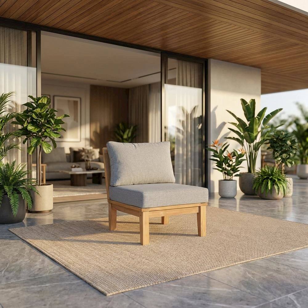 Angle. Outdoor Escape - Outdoor Patio Teak Armless Sofa With Cushioned Seat And Back - Gray.