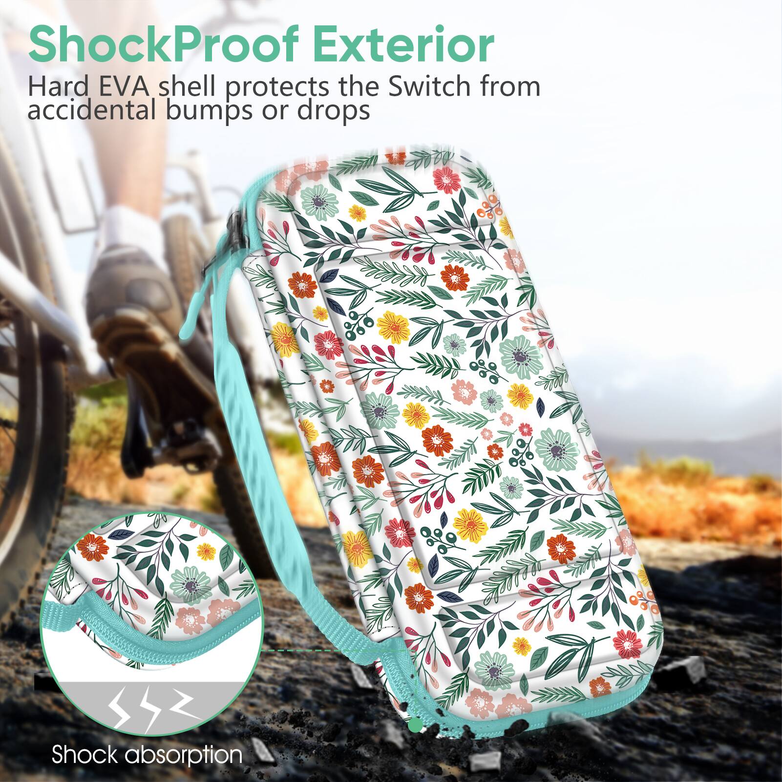 ShockProof Exterior  
Hard EVA shell protects the Switch from accidental bumps or drops  
Shock absorption