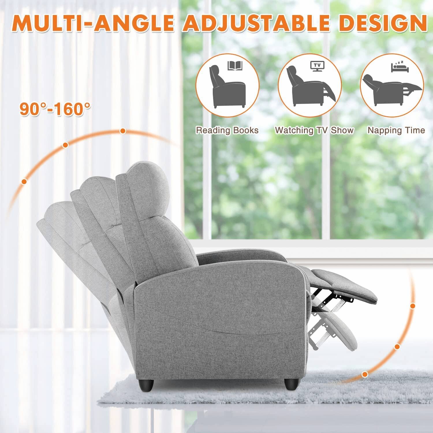MULTI-ANGLE ADJUSTABLE DESIGN  
90°-160°  

Reading Books  
Watching TV Show  
Napping Time