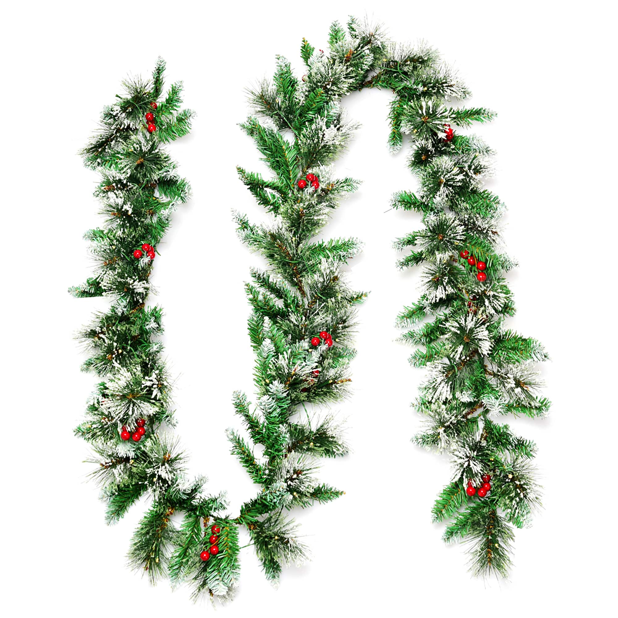 Costway 9ft Pre-lit Christmas Garland W  Snow Flocked Tips Red Berries 