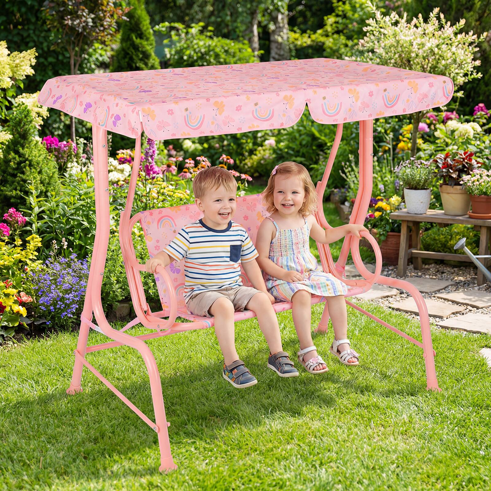 Alt View 3. Costway - Costway Kids Patio Swing,2-Seater Outdoor Porch Swing Lounge Chair with Adjustable Canopy - Pink.