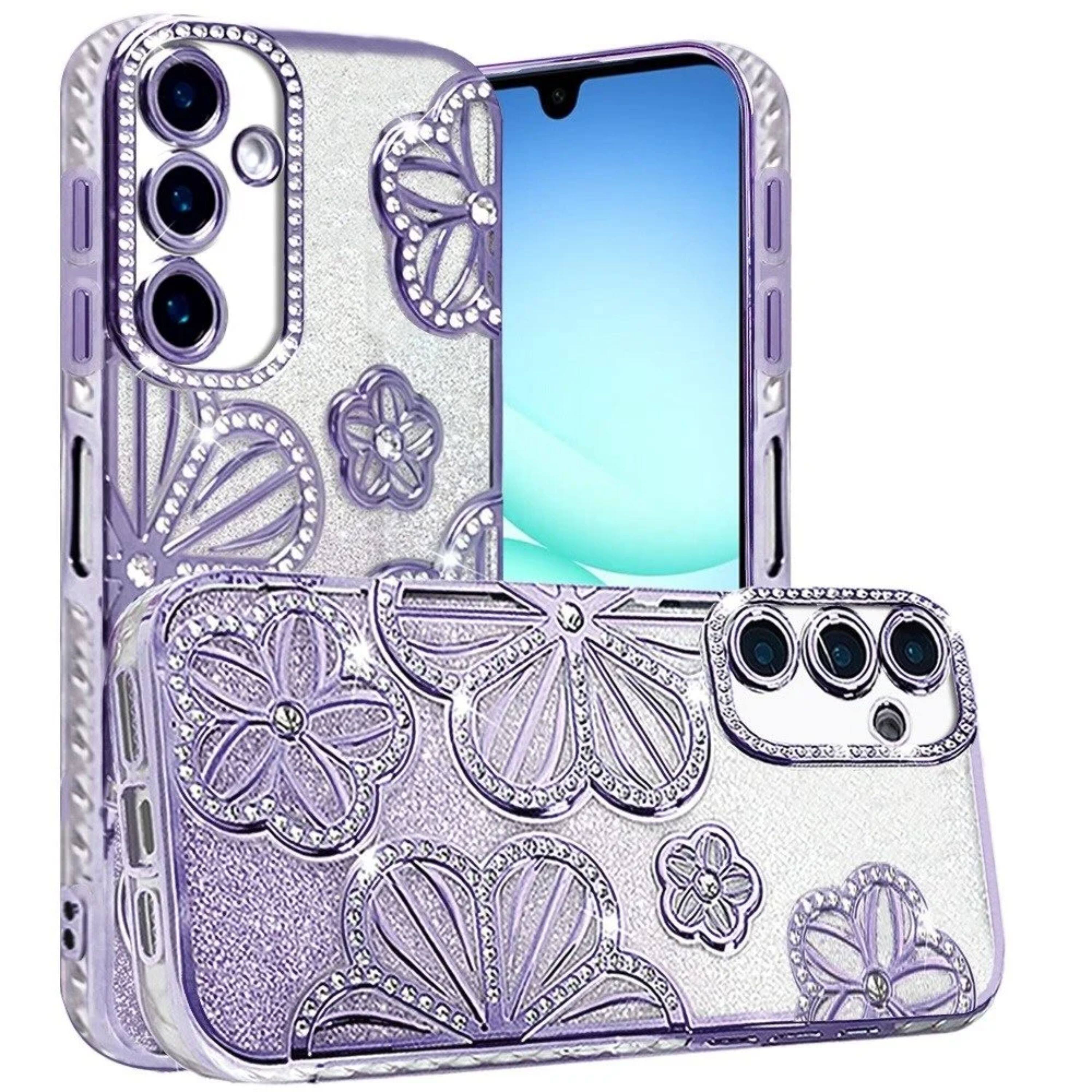 Angle. Kitcheniva - Bling Floral 3D Glitter Phone Cover Plus Tempered Glass For Samsung A17 5G Silver - Silver.
