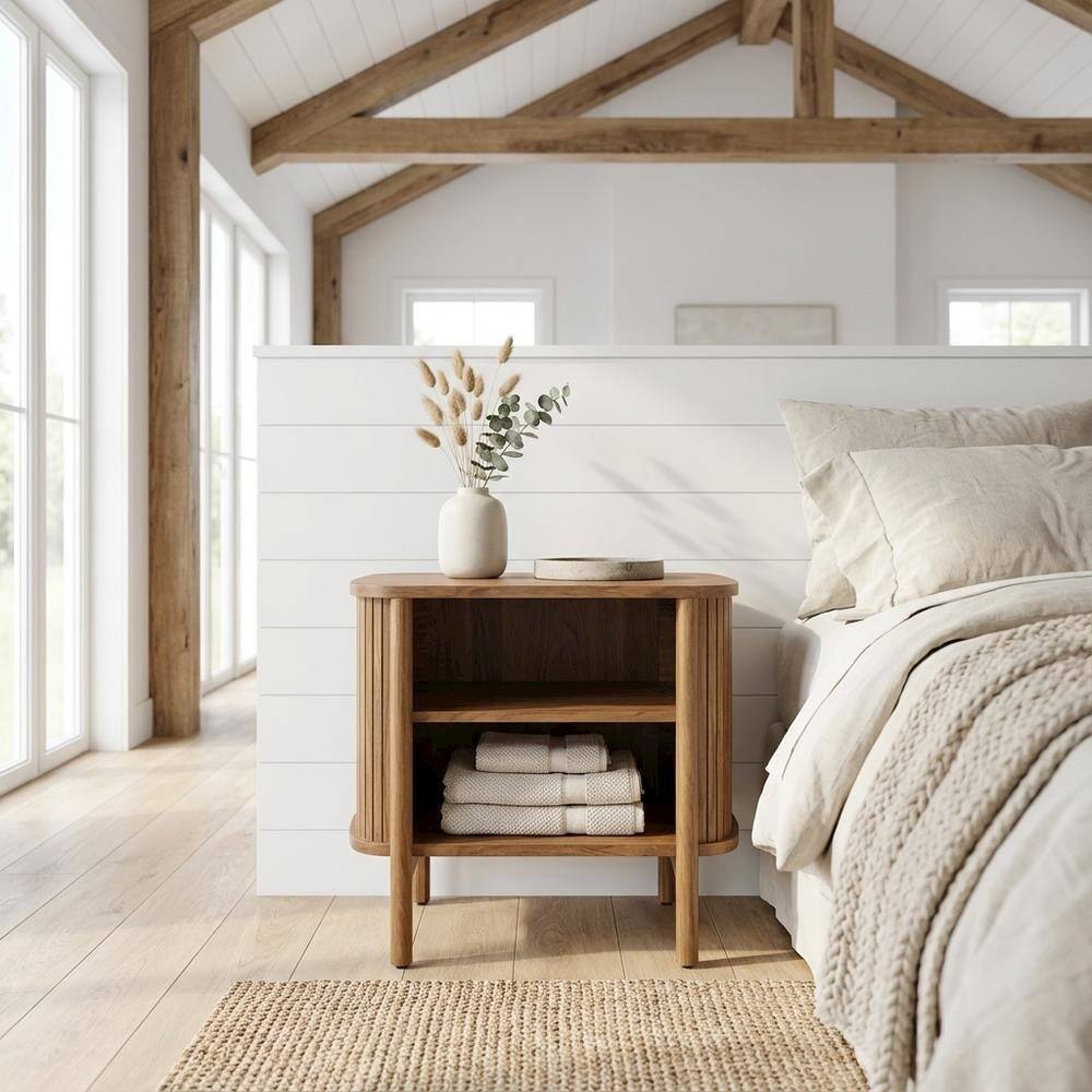 Left. FurniFact - Open Nightstand in Modern Design with Sleek Profile and Sturdy Construction - Brown.