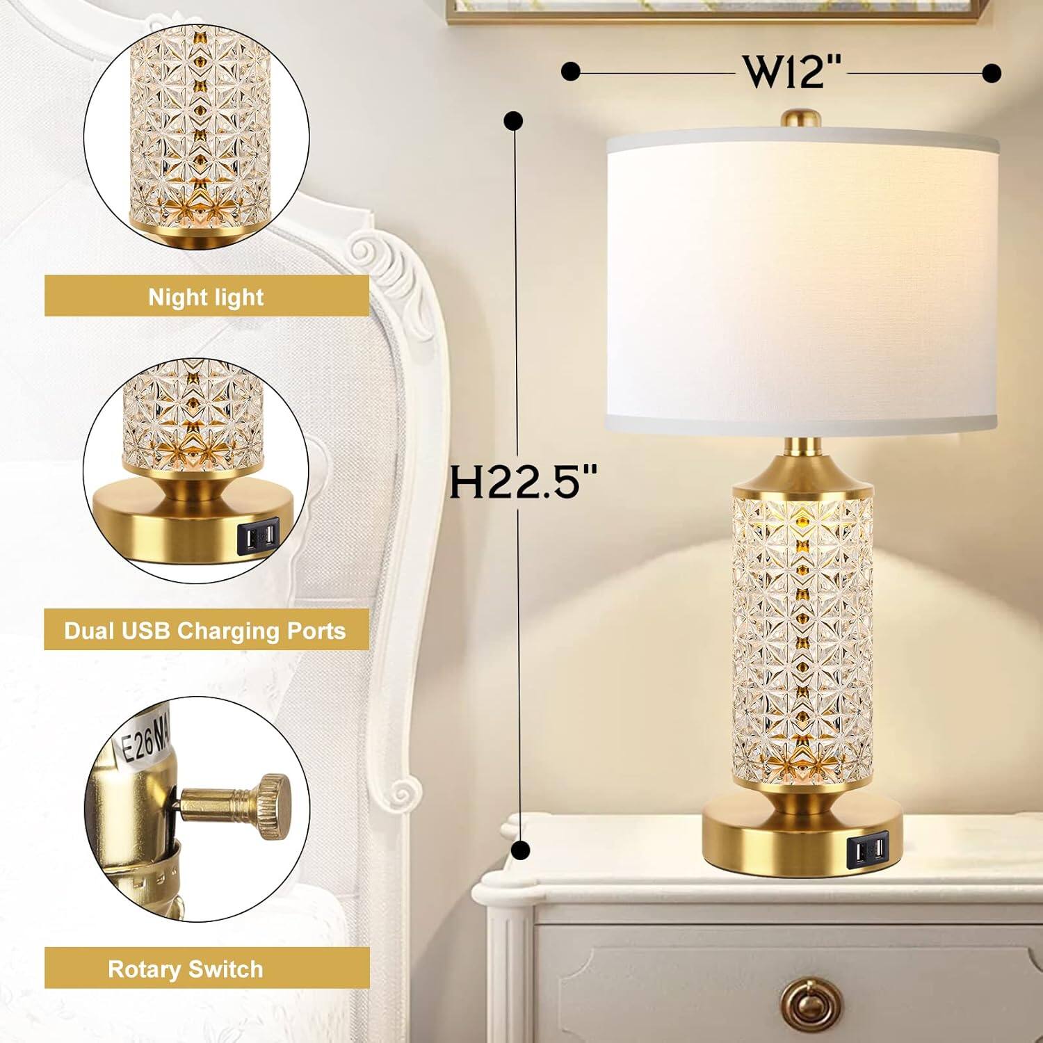 W12"  
Night light  
H22.5"  
Dual USB Charging Ports  
DE26NK  
Rotary Switch