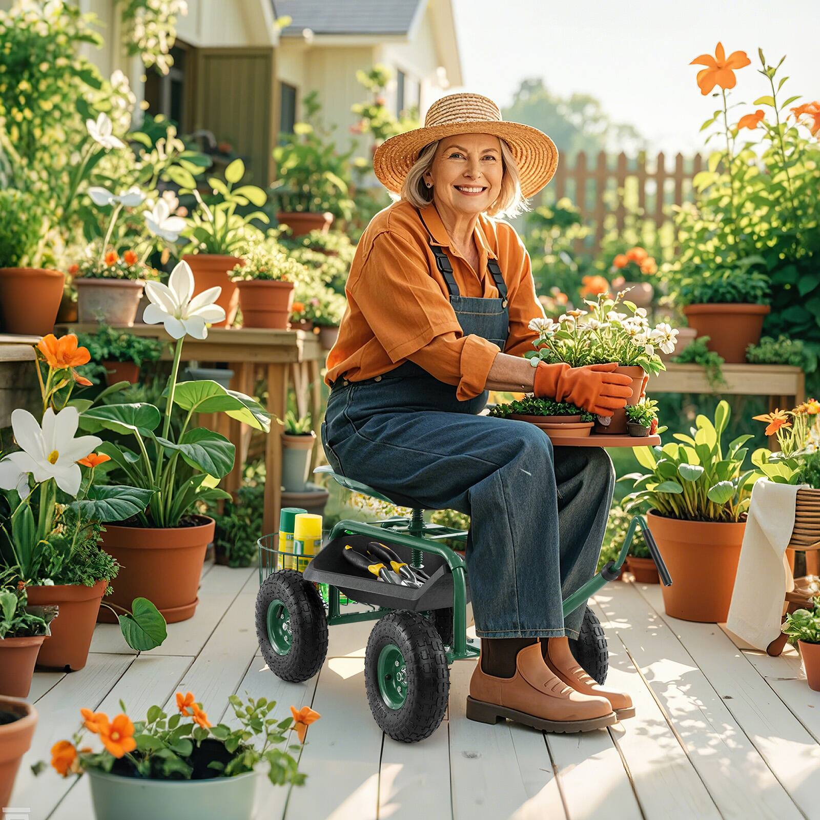 Alt View 1. Costway - Costway Garden Cart Rolling Work Seat for Planting with Extendable Handle - Green.