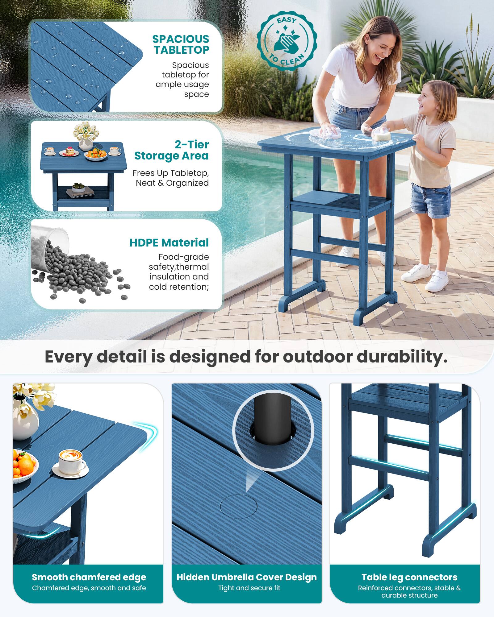EASY TO CLEAN

SPACIOUS TABLETOP
Spacious tabletop for ample usage space

2-Tier Storage Area
Frees Up Tabletop, Neat & Organized

HDPE Material
Food-grade safety, thermal insulation and cold retention;

Every detail is designed for outdoor durability.

Smooth chamfered edge
Chamfered edge, smooth and safe

Hidden Umbrella Cover Design
Tight and secure fit

Table leg connectors
Reinforced connectors, stable & durable structure