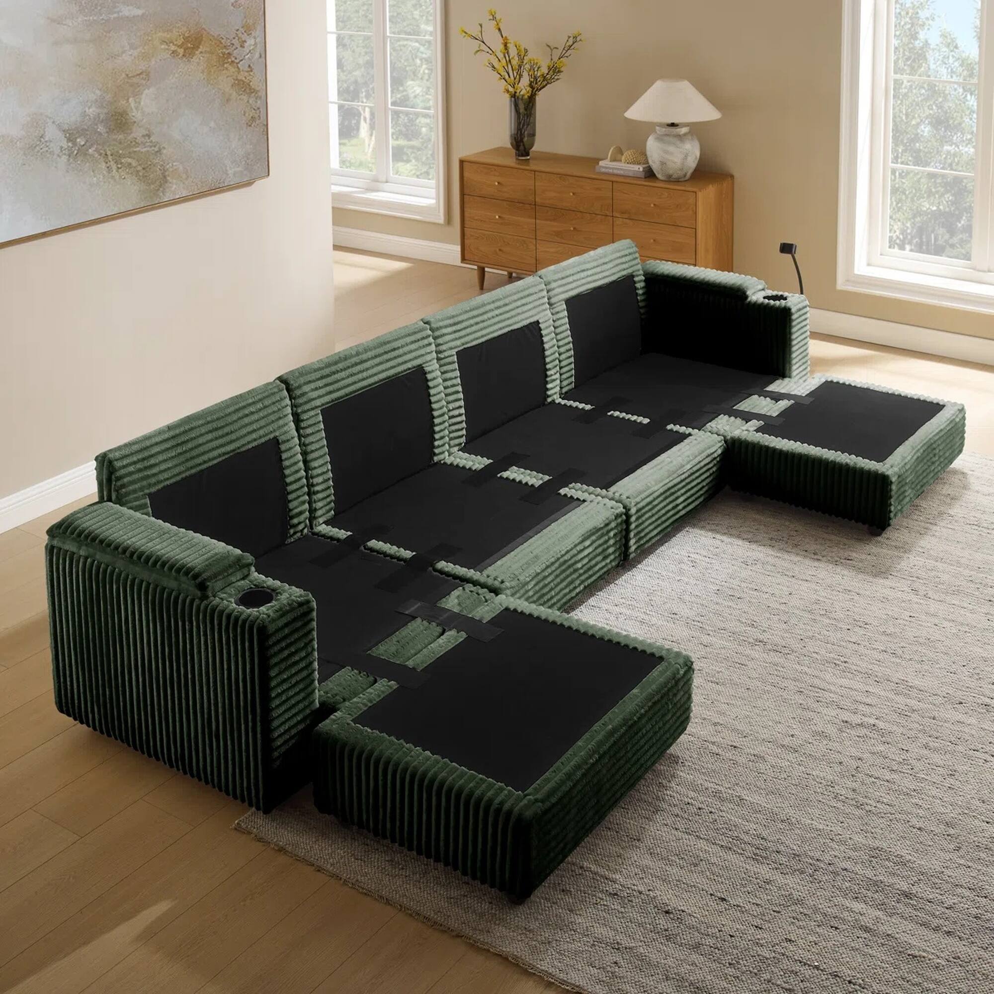 Angle. Yardgrace - 6-Seater U-Shaped Corduroy Sofa with USB Charging, Phone Holders & Storage Armrests - Green.