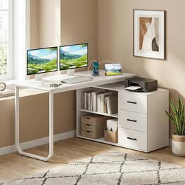 Pefilos - 55 Inch Reversible L-Shaped Desk with 3 Drawers & Adjustable Shelf, Office Desk with Power Outlets, Sturdy Metal Frame - White