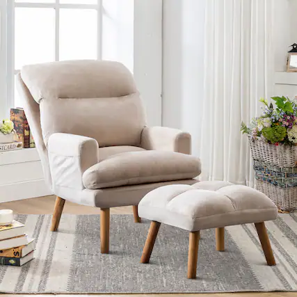 Front. Bestier - Accent Chairs with Ottoman, Velvet Fabric Armchair for Living Room, Recliner Lounge Chair with Side Pocket - Beige.