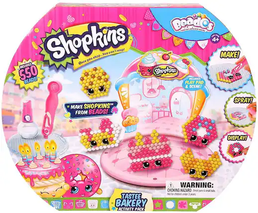 Shopkins
Once you shop... You can't stop!
INCLUDES:
- 550 BEADS!
- PLAY PAD & SCENE!
- MAKE SHOPKINS™ FROM BEADS!
- SPRAY!
- DISPLAY!
TASTEE BAKERY ACTIVITY PACK
WARNING: CHOKING HAZARD Small parts & small balls. Not for children under 3 years.