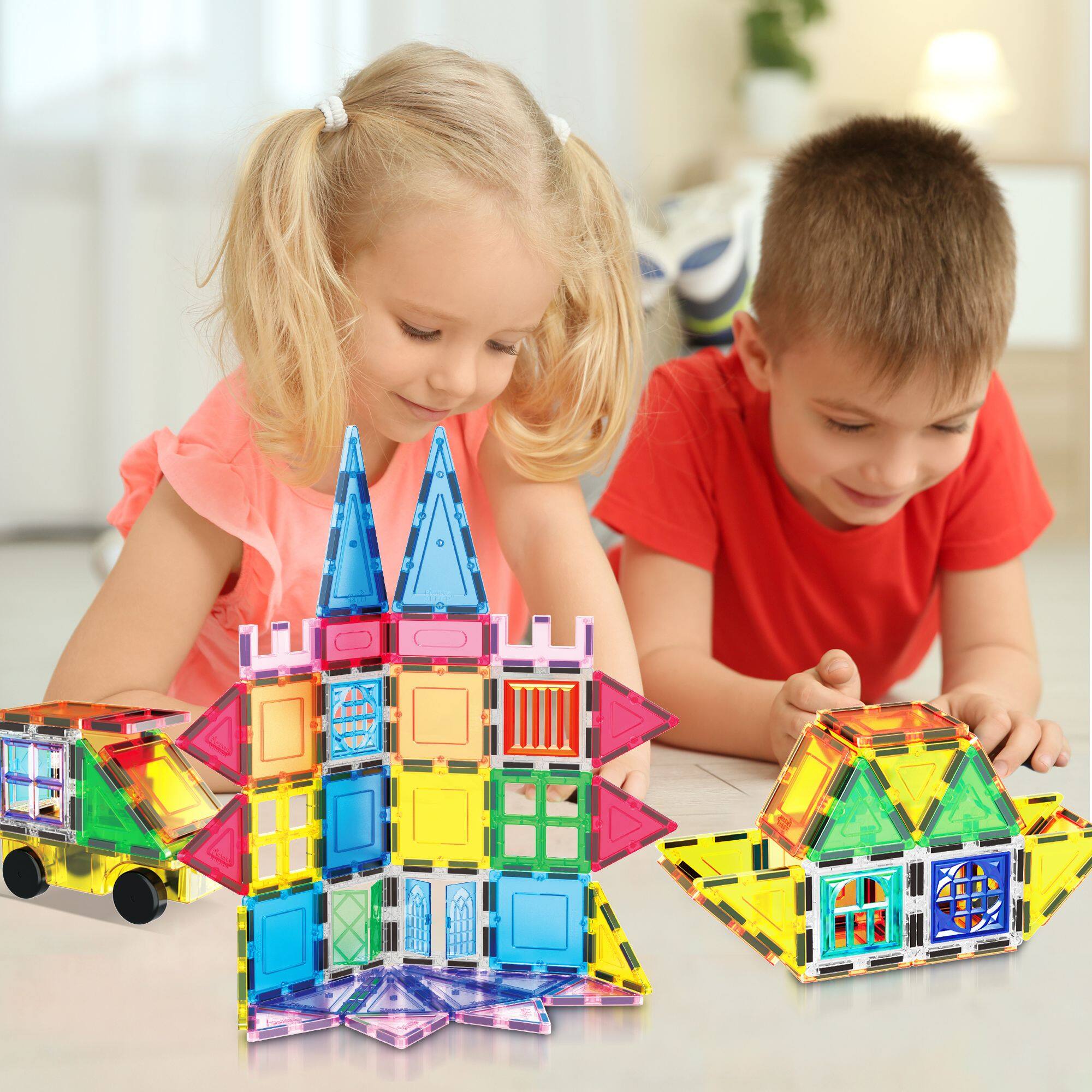 Alt View 2. PicassoTiles - PICASSO-TILES Magnetic Tiles For Kids with Tote Bag, 101PCS Construction STEM Building Blocks Educational Toy - Multicolor.