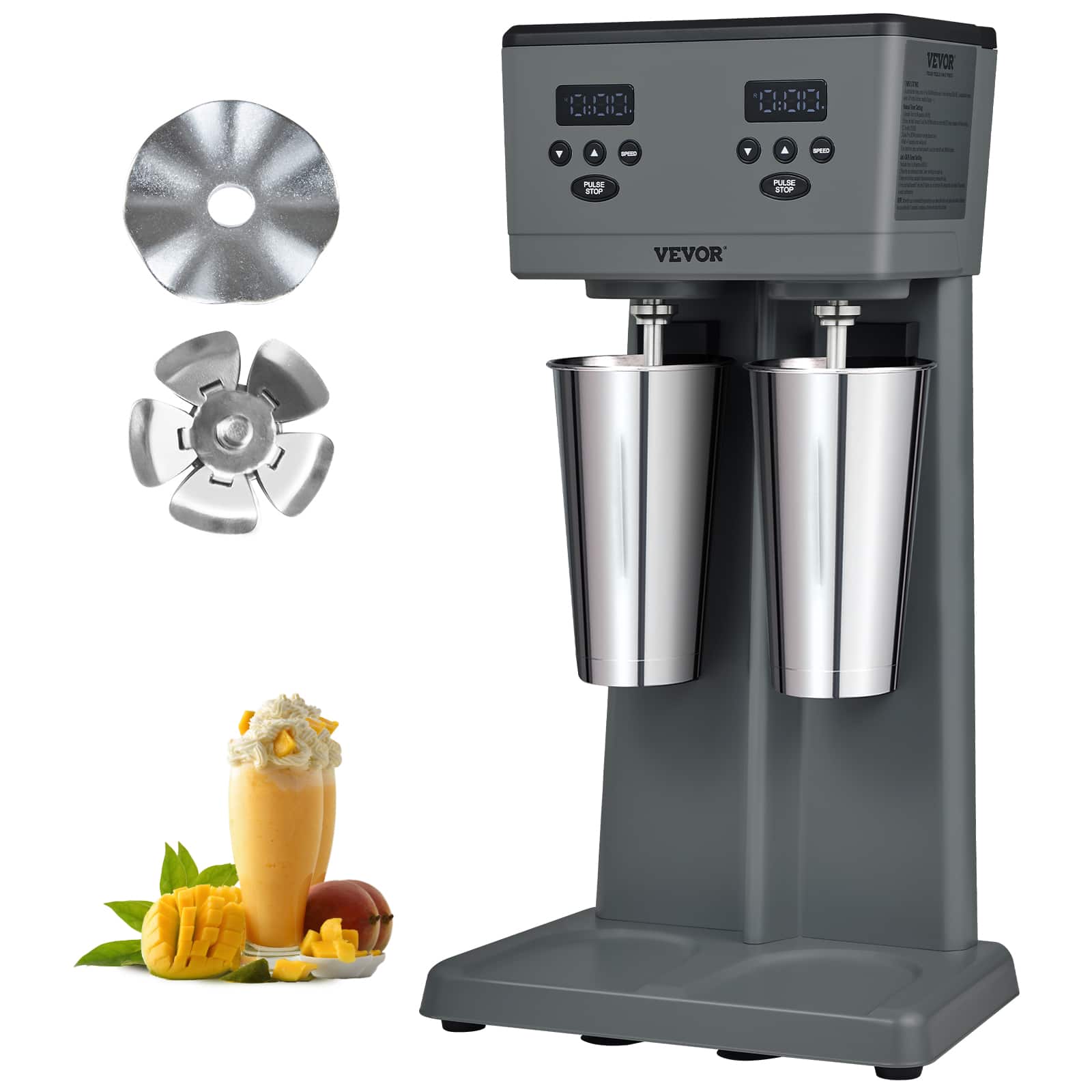 VEVOR - Milkshake Maker, 375W x 2 Electric Milkshake Machine, Commercial Double Heads Drink Mixer Blender - Gray