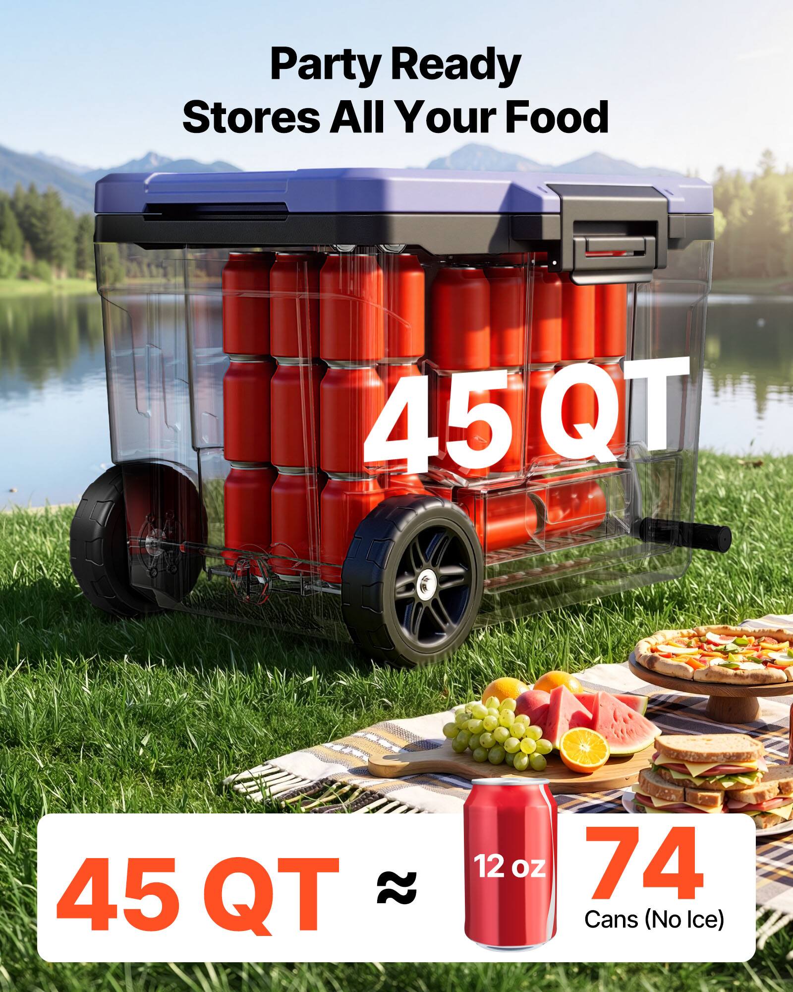 Party Ready Stores All Your Food  
45 QT  
12 oz  
74 Cans (No Ice)